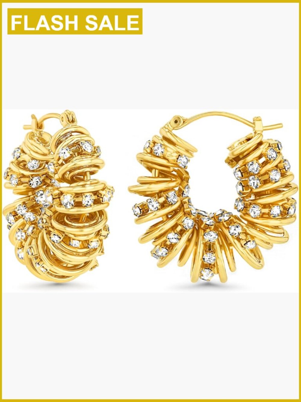 Chunky Gold Plated Hoop Earrings with CZ, 1.25" Statement Studs